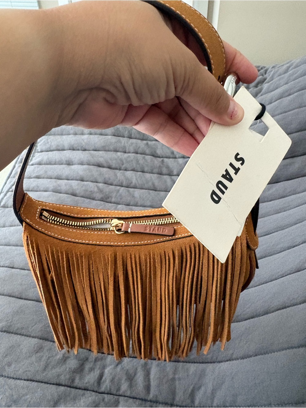 Sold‼️STAUD Suede Crescent Shoulder Bag in Cognac Brown with Tassel - Picture 6 of 15